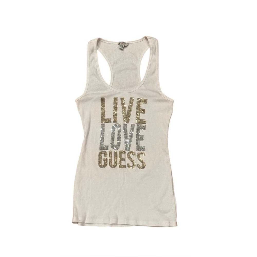 GUESS White Tank Top with Gold and Silver Lettering